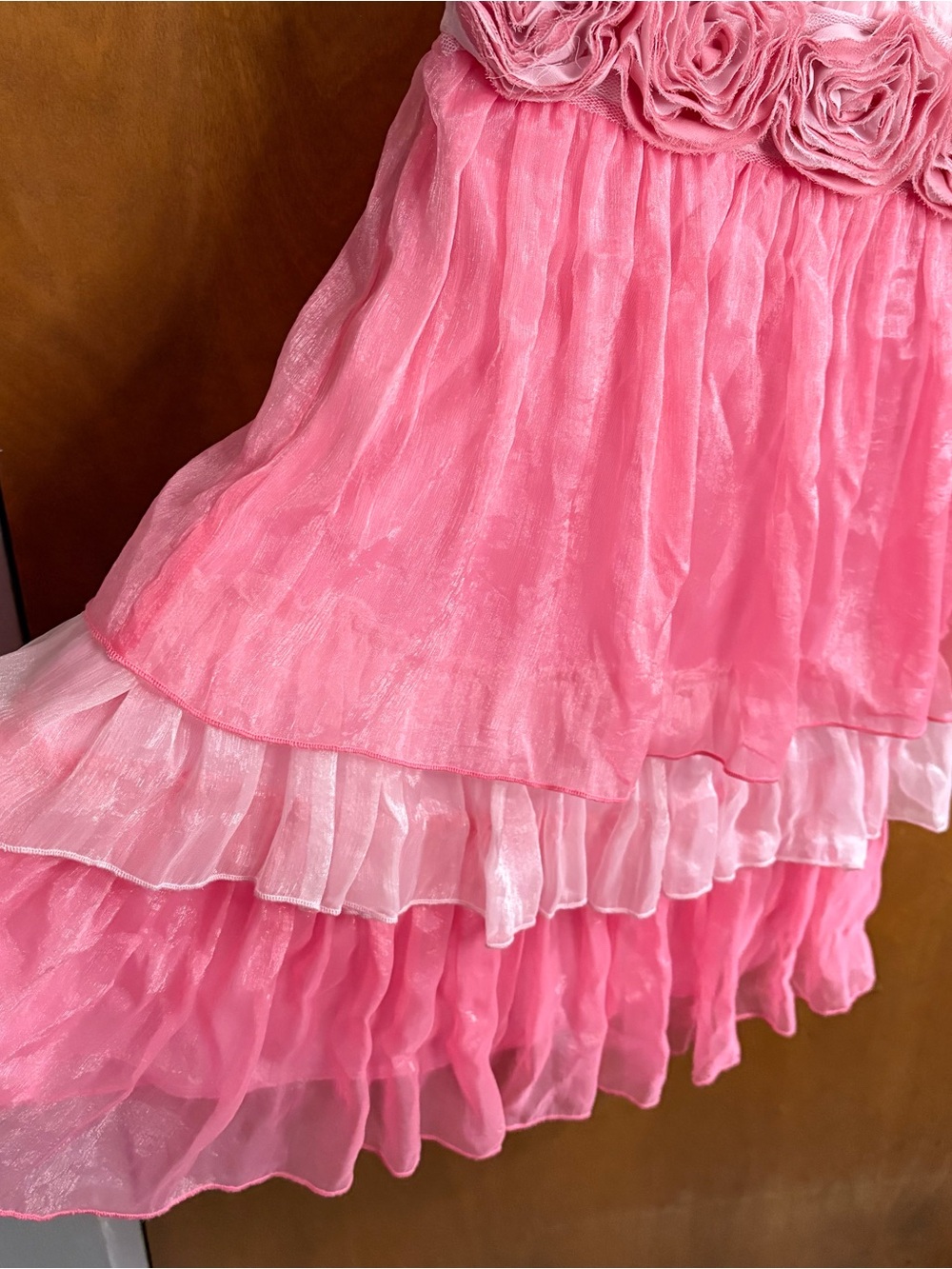 Vintage Y2K Pink Tiered Chiffon Mini Dress Floral Rosette Coquette Fairy Bratz - Picture 6 of 8